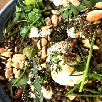 Manuela - Poached Egg, Green Lentils, Charred Scallion Vinaigrette, Crisp Shallots, Greens - New American Near Me - Los Angeles, California Manuela - Poached Egg, Green Lentils, Charred Scallion Vinaigrette, Crisp Shallots, Greens - New American Near Me - Los Angeles, California