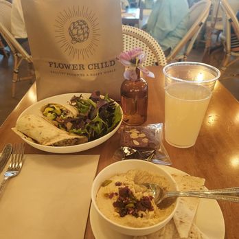 Flower Child - Hummus with pita bread, Carolina Chicken BBQ Wrap, Double Chocolate Almond Brownie, Lemonade, and a bagged salad to go. - Salad Near Me - Tucson, Arizona