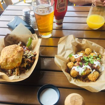 The Biscuit Bar - Loaded tots and pulled pork with Dallas blonde - Breakfast & Brunch Near Me - Plano, Texas