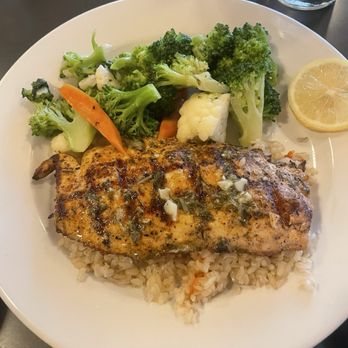 Satellite ATX Restaurant & Bar - Salmon Harissa Power Bowl meal. It also comes with soup or salad. - New American Near Me - Austin, Texas Satellite ATX Restaurant & Bar - Salmon Harissa Power Bowl meal. It also comes with soup or salad. - New American Near Me - Austin, Texas