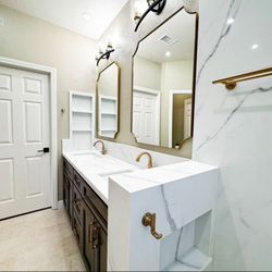 Giza Granite and Quartz - Master bathroom Vanity with Opulence Quartz from Piedrafina Surfaces.
