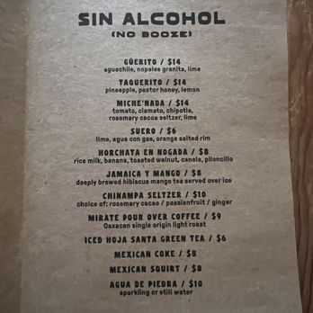Mirate - Menu - Sin Alcohol - Mexican Near Me - Los Angeles, California