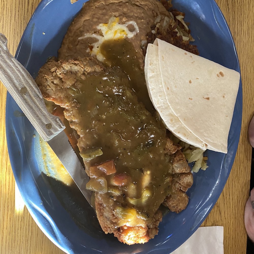 Mexican chicken fried steak with green chile sauce Mexican chicken fried steak with green chile sauce
