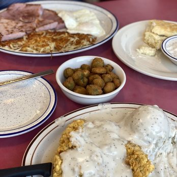Mom's Diner - (1) Chicken Fried Steak, mashed potatoes & gravy, fried okra  (2) ham steak & eggs, hash browns, biscuits & gravy - Comfort Food Near Me - Collinsville, Oklahoma