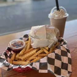 Yum my burger & fries. Chocolate milkshake