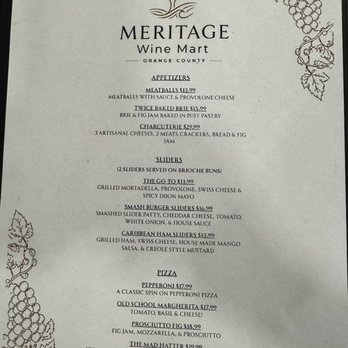 Meritage Wine Mart - Menu will be changing regularly I think, so check back, but here is page 1 as of today, - Beer, Wine & Spirits Near Me - Orange, California Meritage Wine Mart - Menu will be changing regularly I think, so check back, but here is page 1 as of today, - Beer, Wine & Spirits Near Me - Orange, California