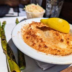 Tides Restaurant & Pub - Baked Scallops. $34. Sea scallops, butter and bread crumbs. I chose grilled asparagus and coleslaw as my sides.