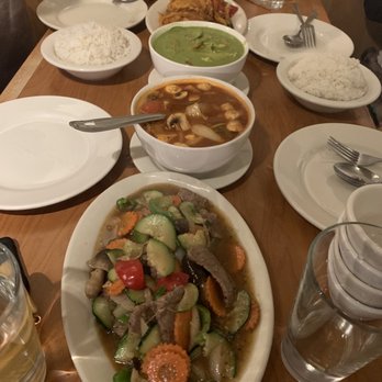 Buddha Thai Cuisine - Beef stir fry, Tom Yum Soup, Green Curry, Drunken Noodles ( bottom to top) plus 3 rices bowl included - Thai Near Me - Boulder, Colorado Buddha Thai Cuisine - Beef stir fry, Tom Yum Soup, Green Curry, Drunken Noodles ( bottom to top) plus 3 rices bowl included - Thai Near Me - Boulder, Colorado