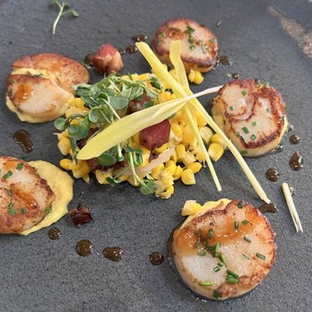 Gordon Ramsay Hell's Kitchen - Pan Seared Scallops (sweet corn puree, braised bacon lardons, corn salad) - Steakhouses Near Me - Stateline, Nevada