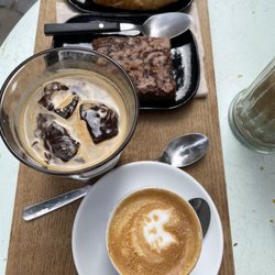 Belga & Co - cortado with kitten, iced americano, salty brownie, pain au chocolat