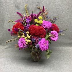 Blooming Arrangements - Fresh from the garden zinnias, hypericum berries & amaranthus.