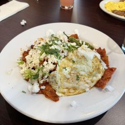 Chilaquiles Bowl with Chorizo in red sauce.