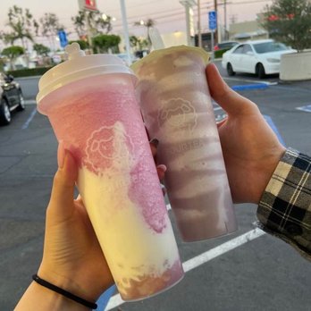 Fourtea - Princess Lychee on the left and Fresh Taro Milk Tea on the right - Coffee & Tea Near Me - Orange, California Fourtea - Princess Lychee on the left and Fresh Taro Milk Tea on the right - Coffee & Tea Near Me - Orange, California