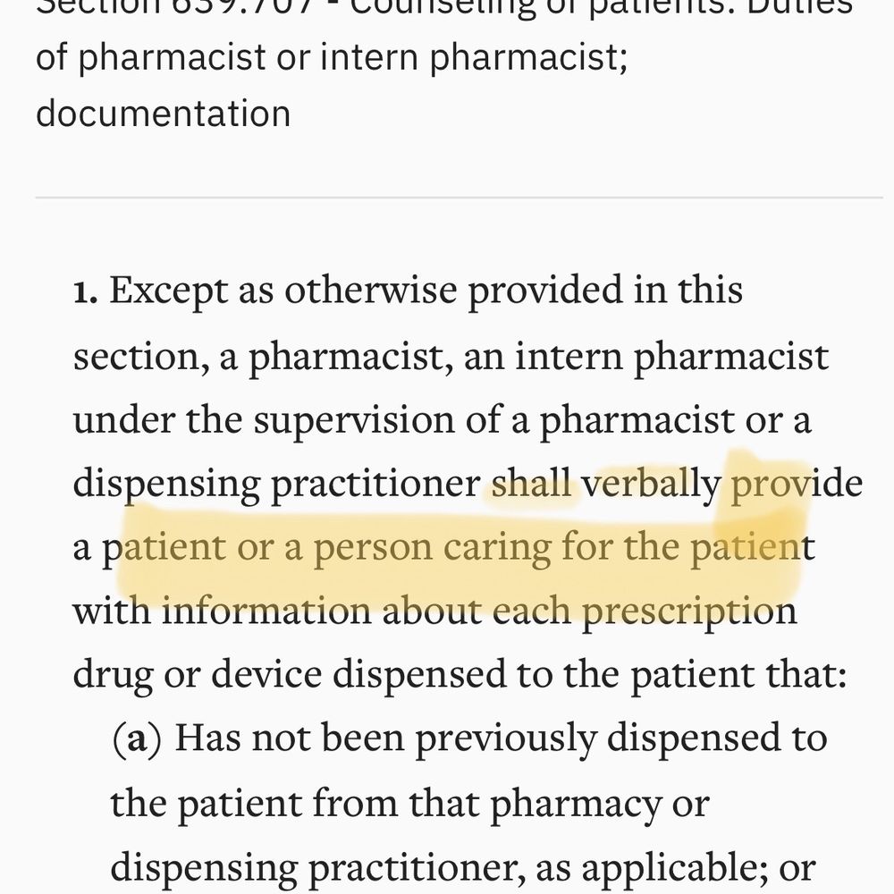 Statute that clearly says counseling SHALL be provided by the pharmacist. Statute that clearly says counseling SHALL be provided by the pharmacist.