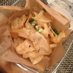 Lola's Handcrafted Kitchen - Special potato chips (side) with scallions, blue cheese, and (very small) drizzles of balsamic vinegar reduction.