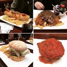 The Arms Giant Hot Dog, Chicken Schnitzel with Mushroom Sauce, Zebra Burger & Ziegunerschnitzel. The Arms Giant Hot Dog, Chicken Schnitzel with Mushroom Sauce, Zebra Burger & Ziegunerschnitzel.