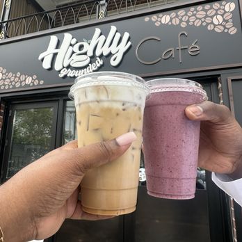 Highly Grounded Cafe - Caramel Biscoff Latte and strawberry Protein Shake - Coffee & Tea Near Me - Brooklyn, New York