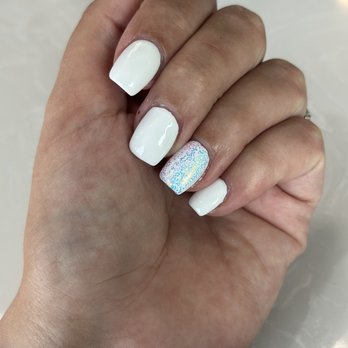 Lush Nail Bar - White nails with an accent glittery mail by Hana! - Nail Salons Near Me - Kennesaw, Georgia