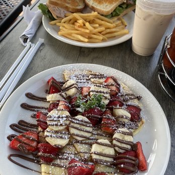 Aloha Stacks - Club House Avocado Sandwich Strawberry, Banana and Nutella Crepe Iced Chai Latte - Pancakes Near Me - Cerritos, California Aloha Stacks - Club House Avocado Sandwich Strawberry, Banana and Nutella Crepe Iced Chai Latte - Pancakes Near Me - Cerritos, California