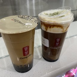 two cups of coffee on a counter