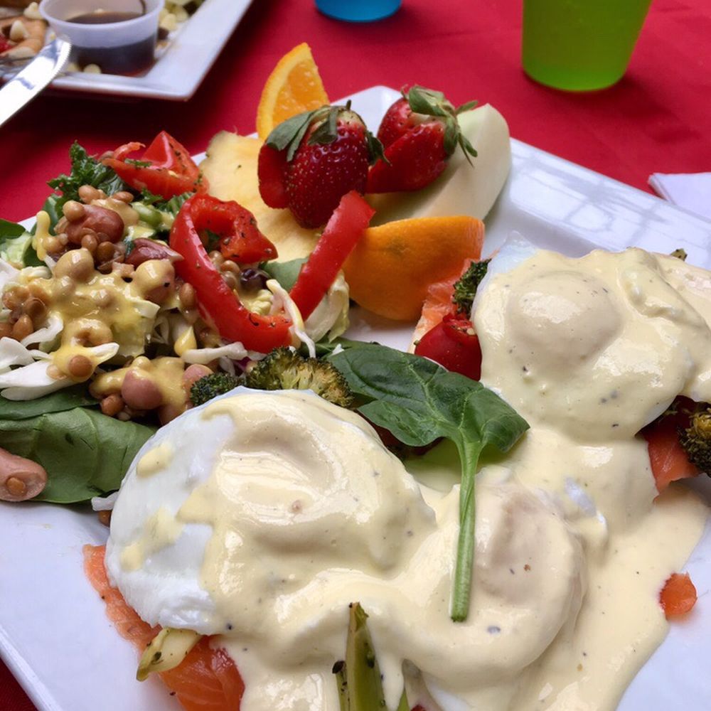 Karine's - The ocean Benedict with salade and fruits - Breakfast & Brunch Near Me - Toronto, Ontario