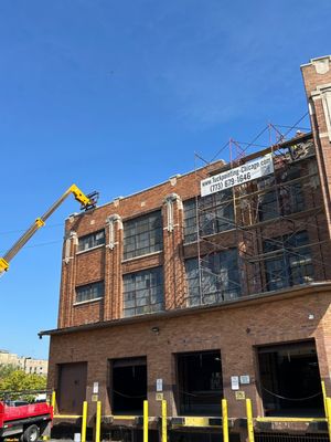 Chicago Commercial Building Structural Masonry - This project was completed in late 2025 after factory support beams began separating from the brick wall and sagging. The entire roofline brick wall was replaced, lintels were repaired, and the structural limestone beams were reinforced and replaced where needed. The wall now sits straight and solid, ready to withstand any weather challenge. Chicago Commercial Building Structural Masonry - This project was completed in late 2025 after factory support beams began separating from the brick wall and sagging. The entire roofline brick wall was replaced, lintels were repaired, and the structural limestone beams were reinforced and replaced where needed. The wall now sits straight and solid, ready to withstand any weather challenge.