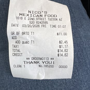 Nicos Mexican Food - Receipt - Mexican Near Me - Tucson, Arizona Nicos Mexican Food - Receipt - Mexican Near Me - Tucson, Arizona