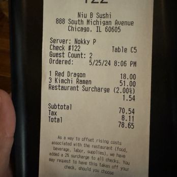 Niu B - Bill with a 2% surcharge - Sushi Bars Near Me - Chicago, Illinois Niu B - Bill with a 2% surcharge - Sushi Bars Near Me - Chicago, Illinois