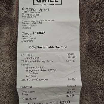 California Fish Grill - Receipt - Seafood Near Me - Upland, California California Fish Grill - Receipt - Seafood Near Me - Upland, California