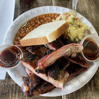 The Farmhouse - Rib plate with 3 extra bones added. Potato salad and baked beans that are supposedly made in house. - Barbeque Near Me - Dawson, Georgia