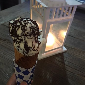 Caravaggio Gelato Lab - Vanilla Ice Cream on a Waffle Cone with a Chocolate Drizzle - Gelato Near Me - Berkeley, California