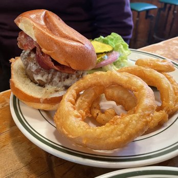 DuMont Burger - Dumont Burger (extra: bacon & cheddar cheese) side of onion rings - Burgers Near Me - Brooklyn, New York