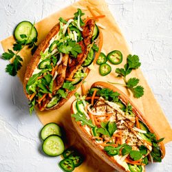Vui's Kitchen - Bánh mi: baguette, green leaf spring mix, house-made pâté, house-made mayo, pickled daikon and carrot, cucumber, jalapeño and fresh cilantro