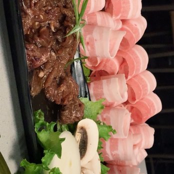 Seol Grille - Beef Bulgogi(brown) + Thinly Sliced Pork Belly (pink) - Korean Near Me - Cary, North Carolina