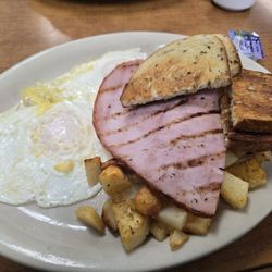 Eggs, ham, home fries and rye toast