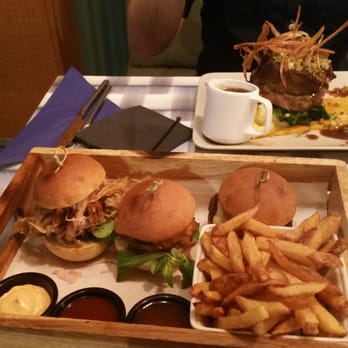 Kitch Restaurant - Slider platter with 3oz morrow an spiced burger, pulled pork burger and a so there fried chicken burger. Chips and 3 dips - Bistros Near Me - Belfast, BFS Kitch Restaurant - Slider platter with 3oz morrow an spiced burger, pulled pork burger and a so there fried chicken burger. Chips and 3 dips - Bistros Near Me - Belfast, BFS