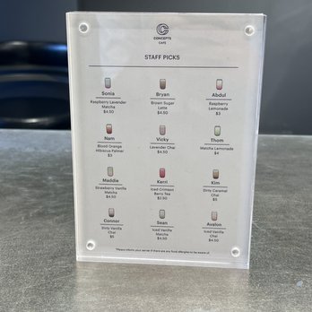 Concepts Cafe - staff picks menu - Coffee & Tea Near Me - Boston, Massachusetts