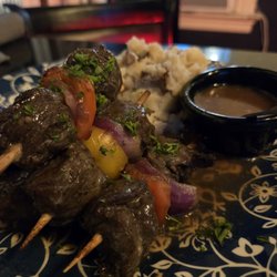 Vino Locale - Flank, Marrow & Mash [34] **Grass-Fed Angus-Pasture Raised Cabernet marinated flank skewers (x5) homemade mashed potatoes, bone marrow demi