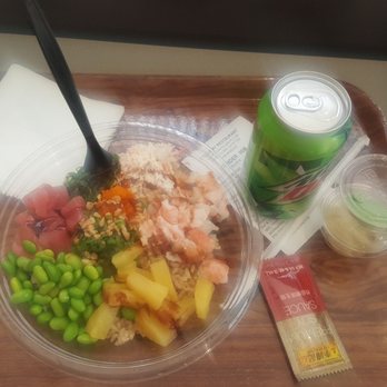 Pokeway - I got the 2 scoops.  I created my own plate.  Brown rice,  reg tuna, crab & shirmp Dried garlic scallions, masago seaweed  pineapple edamame - Poke Near Me - Montclair, California