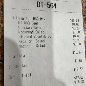 Ono Hawaiian BBQ - Receipt showing NO BBQ BEEF, +Chicken Katsu but they subbed the Kalbi Short Ribs instead. - Hawaiian Near Me - Glendale, Arizona Ono Hawaiian BBQ - Receipt showing NO BBQ BEEF, +Chicken Katsu but they subbed the Kalbi Short Ribs instead. - Hawaiian Near Me - Glendale, Arizona