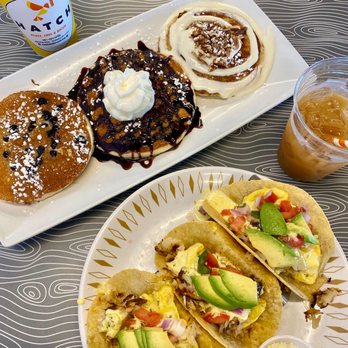 Hatch - Ti Juanna Breakfast tacos and Flight of the pancakes. - Breakfast & Brunch Near Me - Huntington, New York Hatch - Ti Juanna Breakfast tacos and Flight of the pancakes. - Breakfast & Brunch Near Me - Huntington, New York