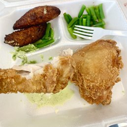 Dark Meat Fried Chicken with 2 Sides Plantain and plain steamed green beans.
