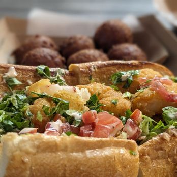 Half Moon Seafood Company - Shrimp Po Boy (Fried) w Huspuppies - Seafood Near Me - Tampa, Florida Half Moon Seafood Company - Shrimp Po Boy (Fried) w Huspuppies - Seafood Near Me - Tampa, Florida