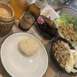 Papaya salad-Laos Style, Beef Jerky and Nam kao salad and sticky rice Papaya salad-Laos Style, Beef Jerky and Nam kao salad and sticky rice