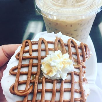Painted Dough - Caramel Macchiato donut & Sweet Cream Iced coffee. Ridiculously good! - Donuts Near Me - Chino, California Painted Dough - Caramel Macchiato donut & Sweet Cream Iced coffee. Ridiculously good! - Donuts Near Me - Chino, California