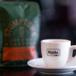 We pull our espresso with Stumptown Hair Bender, served in a Bonibi cup at our Westlake Village coffee shop.