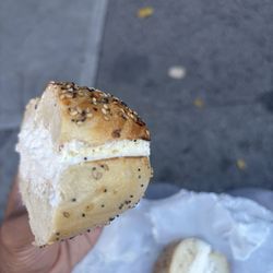 Greenberg’s Bagels - Side view of everything Bagel with Cream Cheese