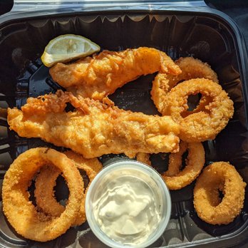 Luckys Cafe - Fish and chips (sub onion rings) $12.44 after tax - American Near Me - Dallas, Texas Luckys Cafe - Fish and chips (sub onion rings) $12.44 after tax - American Near Me - Dallas, Texas