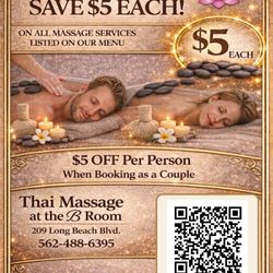 Thai Massage at B Room - Save on couples massage! Book as a couple and get $5 off per person! Scan the QR code to book online! #ThaiMassage #LongBeach #CouplesMassag