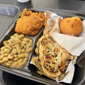 Heaven In Your Home - Cauliflower steak, Lima beans, sweet potato soufflé and a corn muffin - Caterers Near Me Heaven In Your Home - Cauliflower steak, Lima beans, sweet potato soufflé and a corn muffin - Caterers Near Me